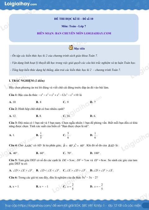Đề thi học kì 2 Toán 7 - Đề số 10